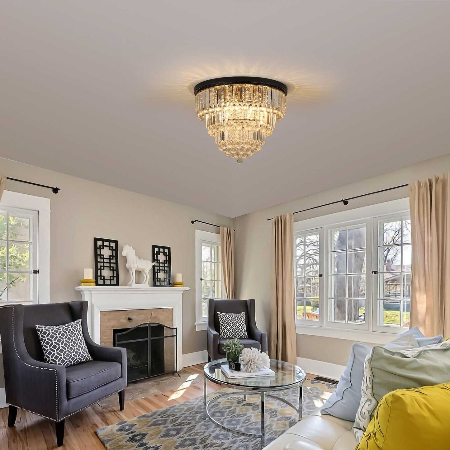 20" Luxury Crystal Flush Mount Ceiling Light with Black Finish – Elegant 6-Light Chandelier for Living Room, Dining Room, or Bedroom (Bulb Not Included) - luxuryhomedecoridea.com