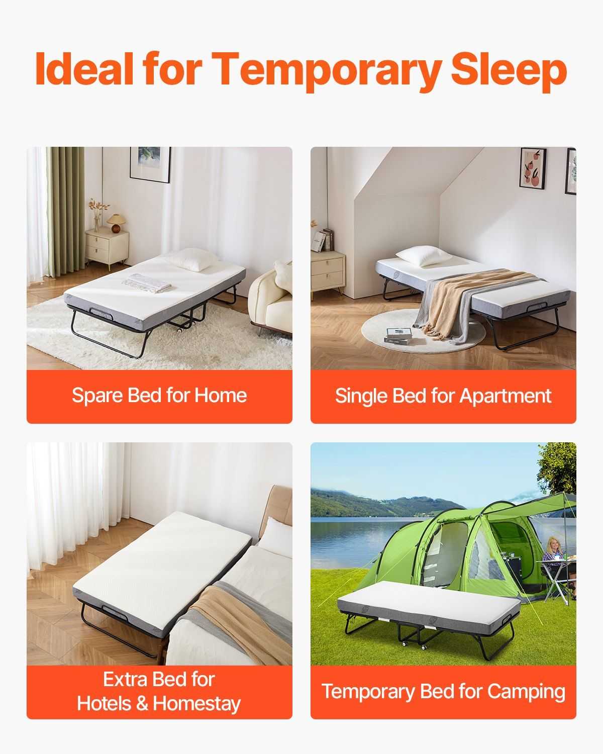 VEVOR Rollaway Bed, 38 in x 75 in Folding Bed with 5 in Mattress, Twin Size Foldable Bed with Sturdy Metal Frame & Memory Foam Mattress, Portable Twin Roll Away Bed with Mattress, for Adults, Guest - luxuryhomedecoridea.com