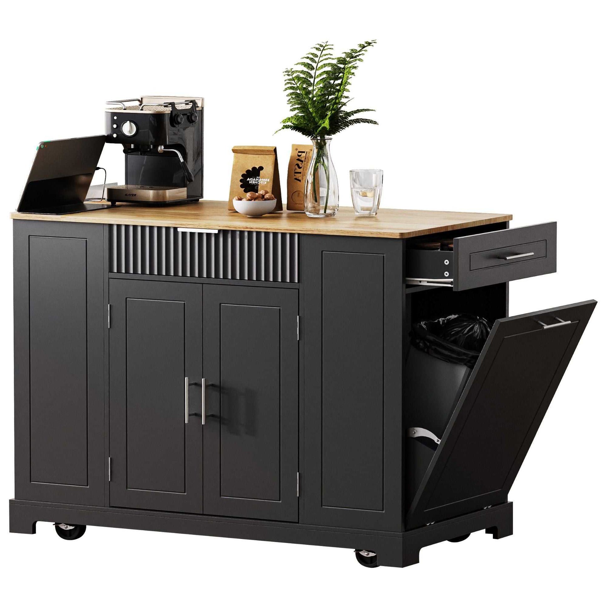 Fluted Kitchen Island with Trash Can Storage Cabinet, Power Outlet, Internal Storage Rack, Rolling Kitchen Islands on 5 Wheels with 3 Drawer, 3 Open Side Racks for 10 Gallon Garbage Bin - luxuryhomedecoridea.com