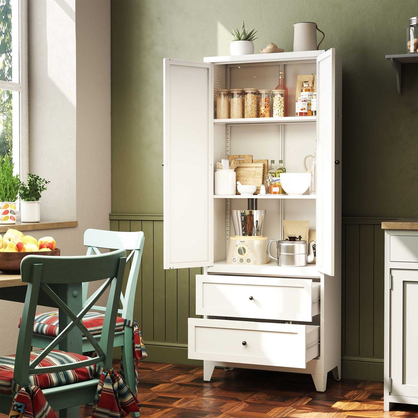 72 Inch White Pantry Cabinet with 2 Drawers, Freestanding Kitchen Storage Cabinet with Adjustable Shelves, Heavy-Duty Organizer for Spices, Dishware, Small Appliances in Kitchen, Pantry, Dining Room - luxuryhomedecoridea.com