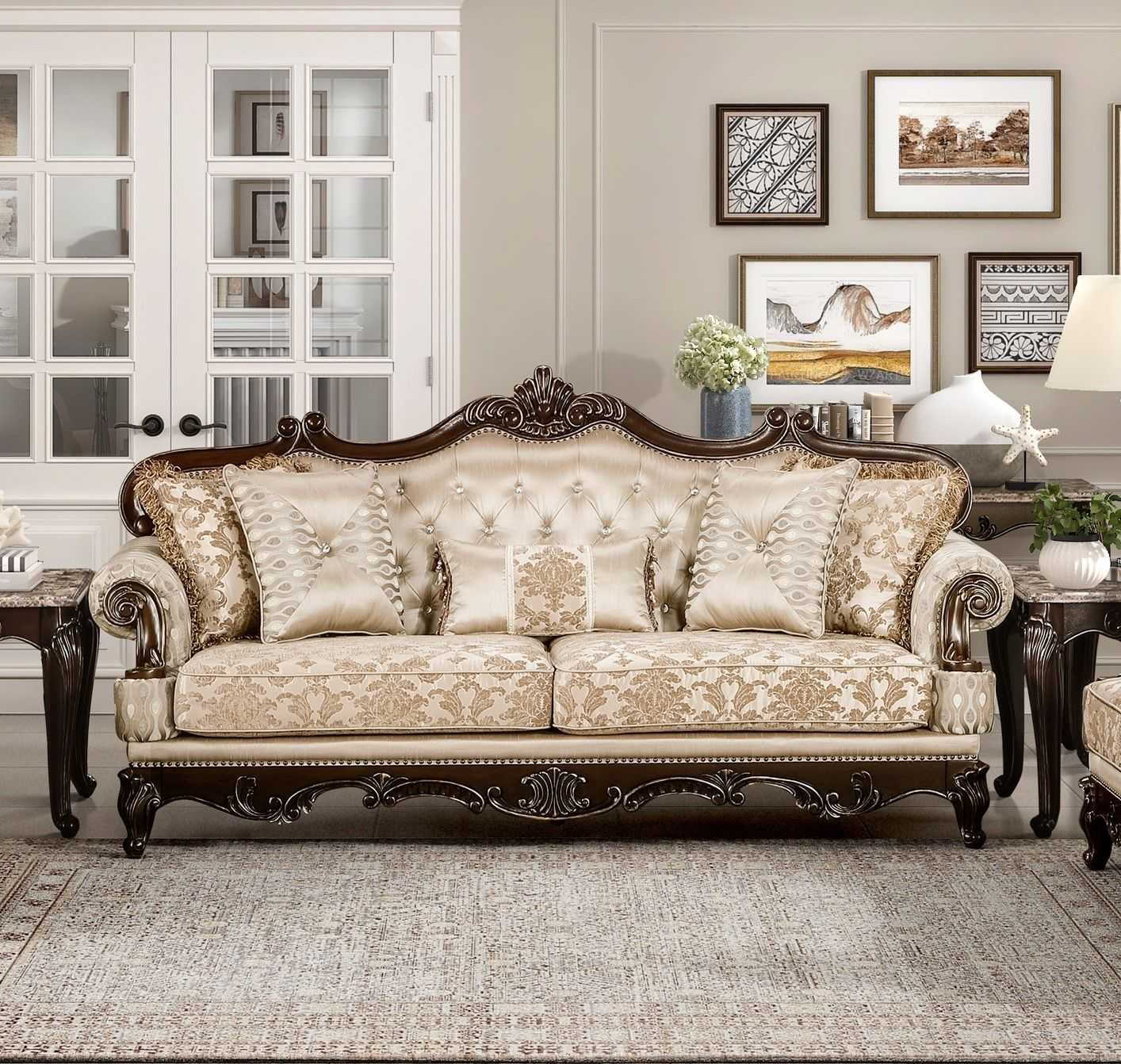 Formal Traditional Luxury Sofa Set 3pc Sofa Loveseat Chair Cherry Finish with Gold Tipping Solid Wood Living Room Furniture - luxuryhomedecoridea.com
