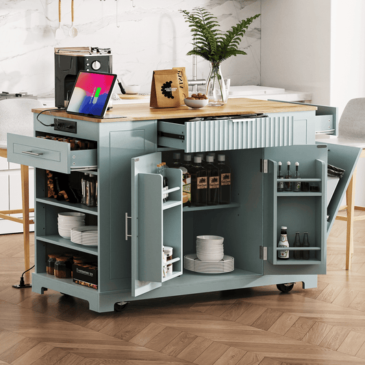 Fluted Kitchen Island with Trash Can Storage Cabinet, Power Outlet, Internal Storage Rack, Rolling Kitchen Islands on 5 Wheels with 3 Drawer, 3 Open Side Racks for 10 Gallon Garbage Bin - luxuryhomedecoridea.com