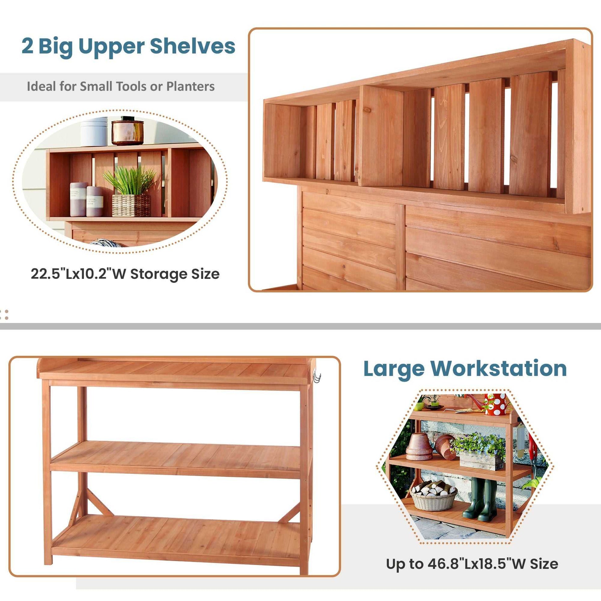 65" Large Wooden Farmhouse Rustic Outdoor Potting Bench Table; Patio Workstation; Garden Potting Bench with 4 Storage Shelves and Side Hook - luxuryhomedecoridea.com