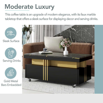 [VIDEO provided] ON-TREND Contemporary Coffee Table with Faux Marble Top, Rectangle Cocktail Table with Caster Wheels, Moderate Luxury Center Table with Gold Metal Bars for Living Room, Black - luxuryhomedecoridea.com
