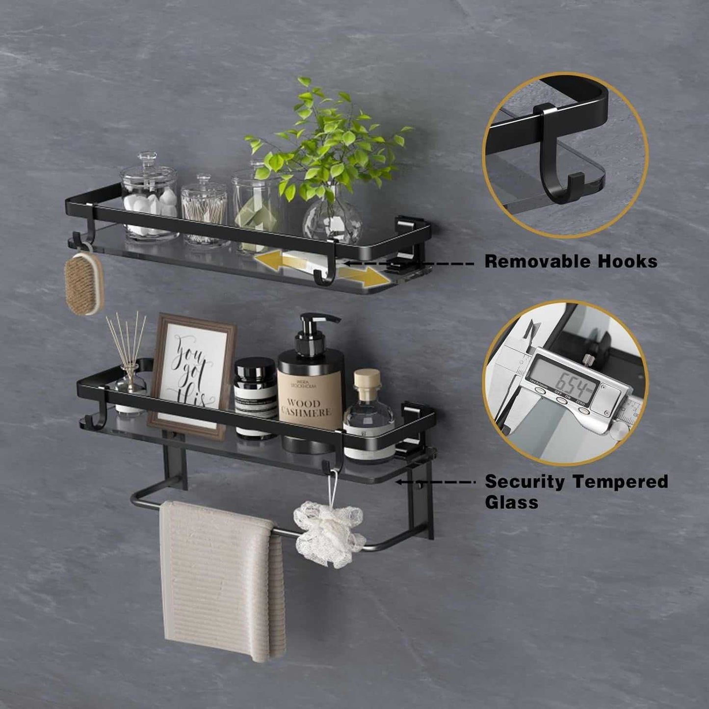 Glass Shelf for Bathroom 15.7 in Bathroom Shelves with Towel Bar Tempered Glass Shelves for Wall(2 Tier) - luxuryhomedecoridea.com