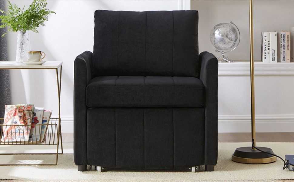 Upholstered Convertible Sleeper Sofa, 31.5" Pull Out Sofa Bed with 5-Position Adjustable Backrest, Side Pockets and a Storage Basket, Fold Out Chair Bed, Lounger For Living Room, Apartment, Black - luxuryhomedecoridea.com