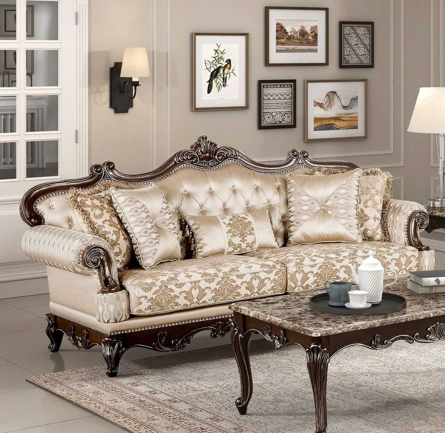 Formal Traditional Luxury Sofa Set 2pc Sofa Loveseat Cherry Finish with Gold Tipping Solid Wood Living Room Furniture - luxuryhomedecoridea.com