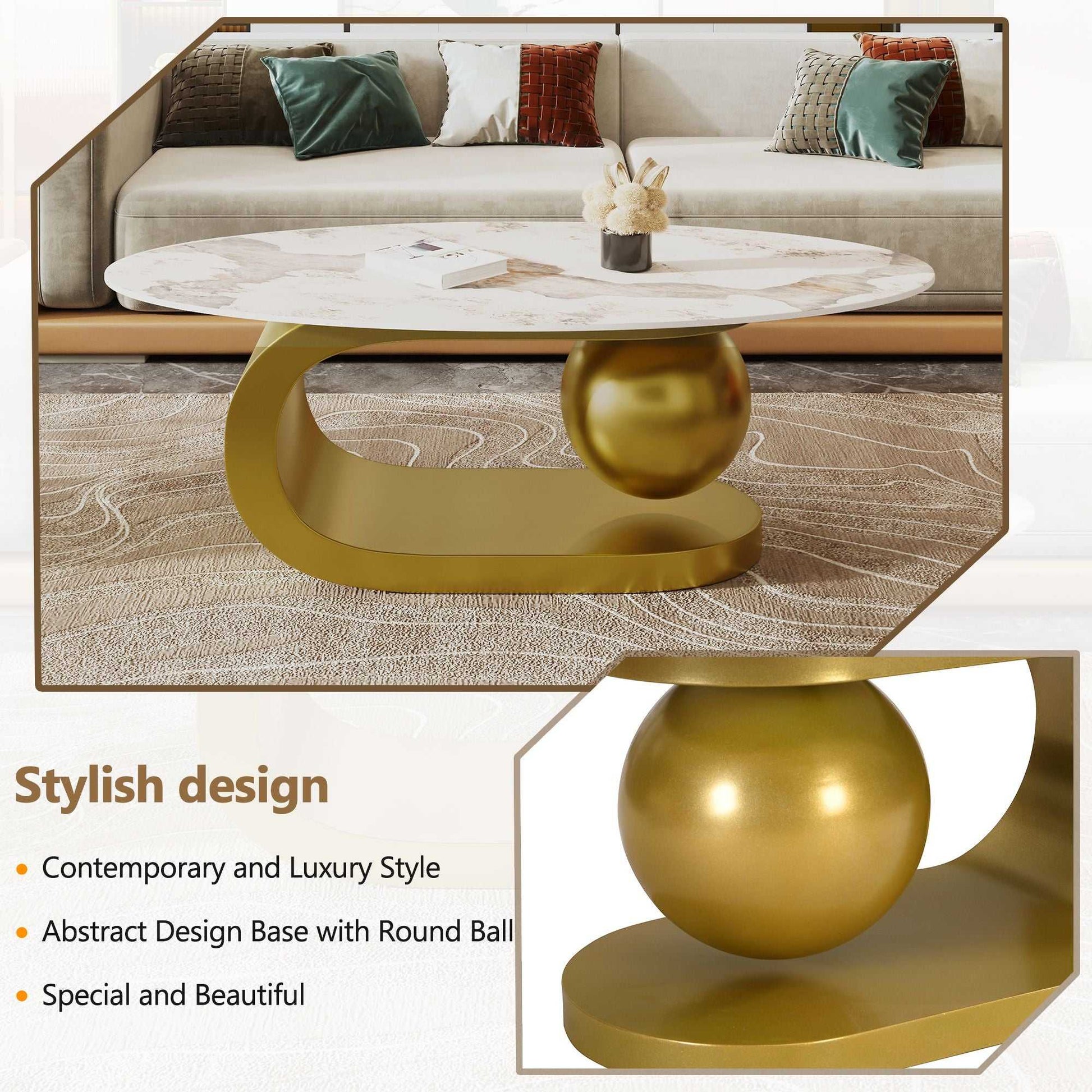 Modern Oval Coffee Table for Living Room, Marble Pattern Sintered Stone Coffee Tabletop with Gold Stainless Steel Base in 47.2" - luxuryhomedecoridea.com