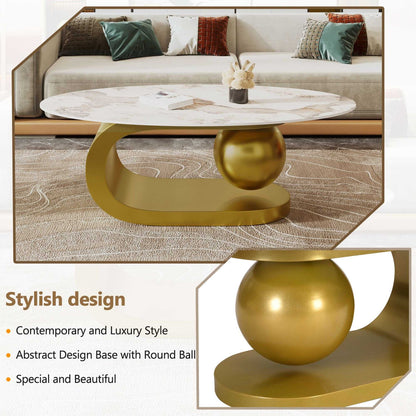 Modern Oval Coffee Table for Living Room, Marble Pattern Sintered Stone Coffee Tabletop with Gold Stainless Steel Base in 47.2" - luxuryhomedecoridea.com