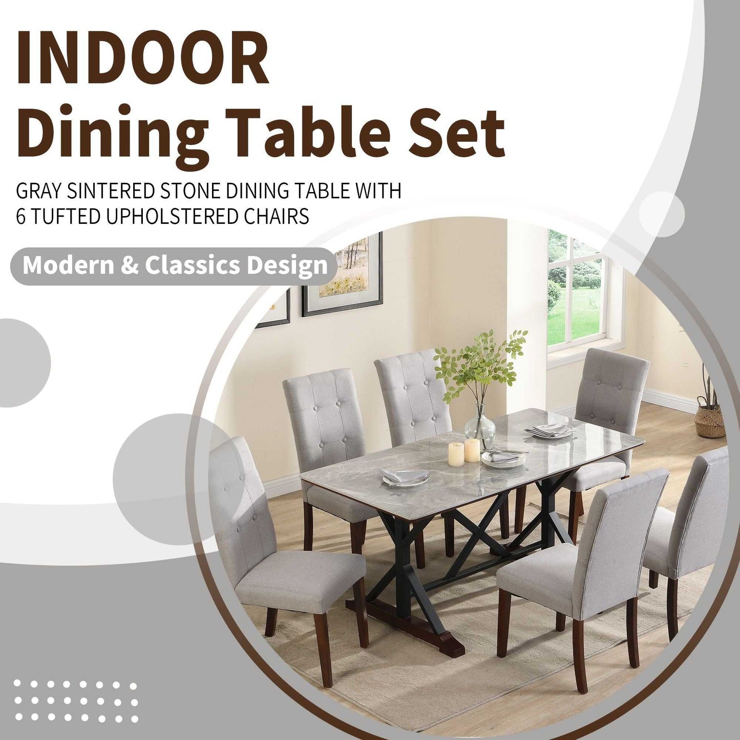 7-piece Modern Dining Table Set, Gray Sintered Stone Dining Table with 6 Tufted Upholstered Chairs, 63-inch Rectangle Dining Table for Dining Room - luxuryhomedecoridea.com