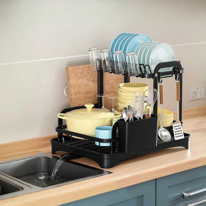 2-Tier Dish Drying Rack for Kitchen Counter Space Saving Rustproof Dish Rack with Drainboard Detachable Kitchen Drainer Organizer Set - luxuryhomedecoridea.com