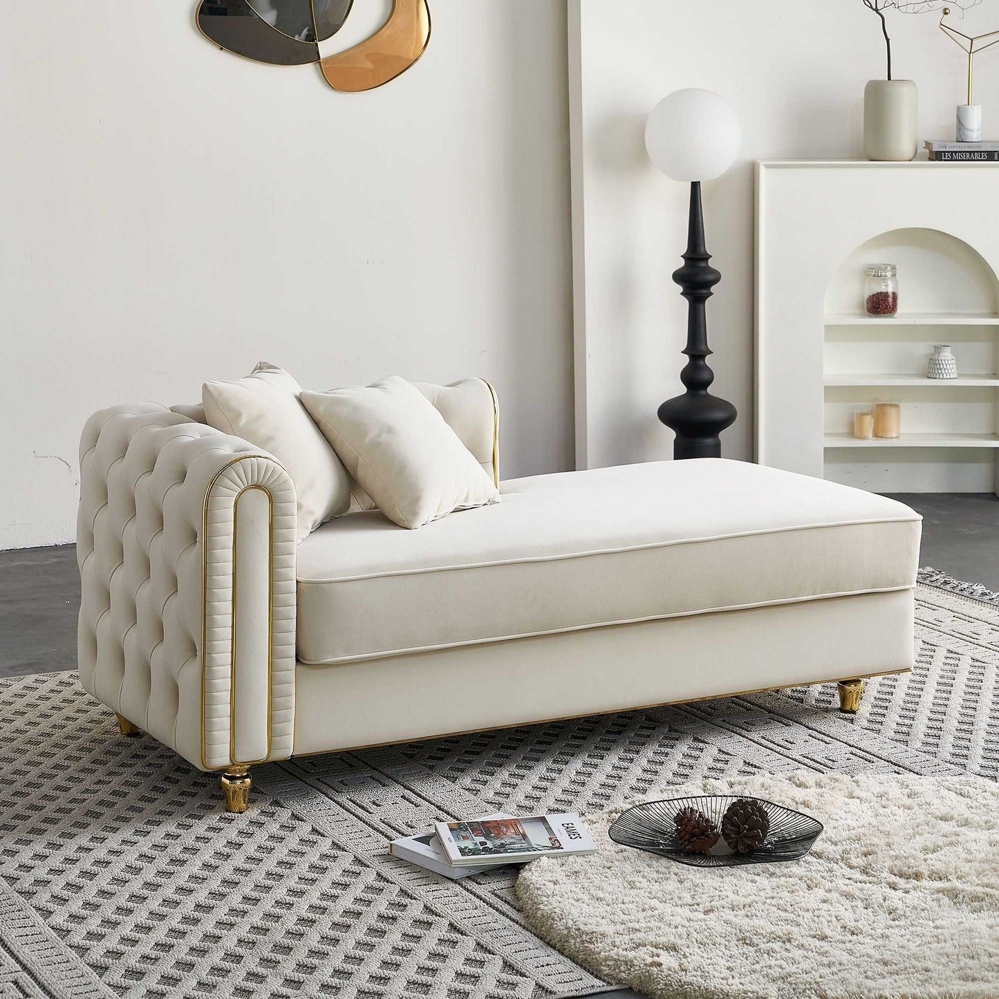 66.9''W Velvet Chaise Lounge,Luxury Modern Chaise Furniture,Tufted Back with 2pcs toss pillows for Living Room,Bedroom,Apartment,Beige Color - luxuryhomedecoridea.com