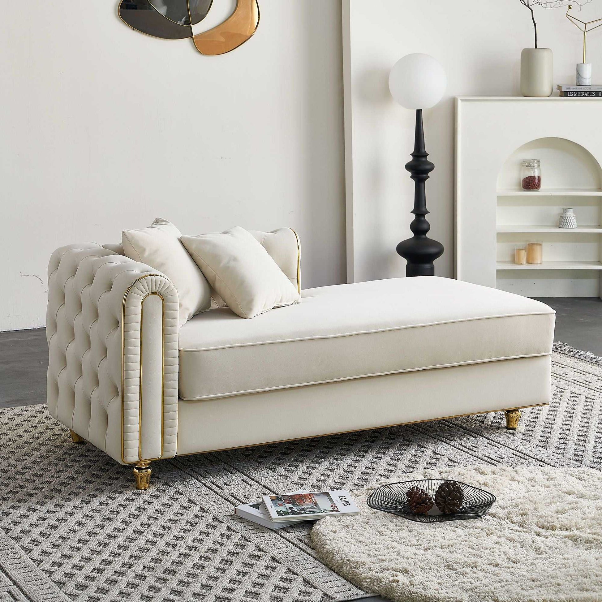 66.9''W Velvet Chaise Lounge,Luxury Modern Chaise Furniture,Tufted Back with 2pcs toss pillows for Living Room,Bedroom,Apartment,Beige Color - luxuryhomedecoridea.com