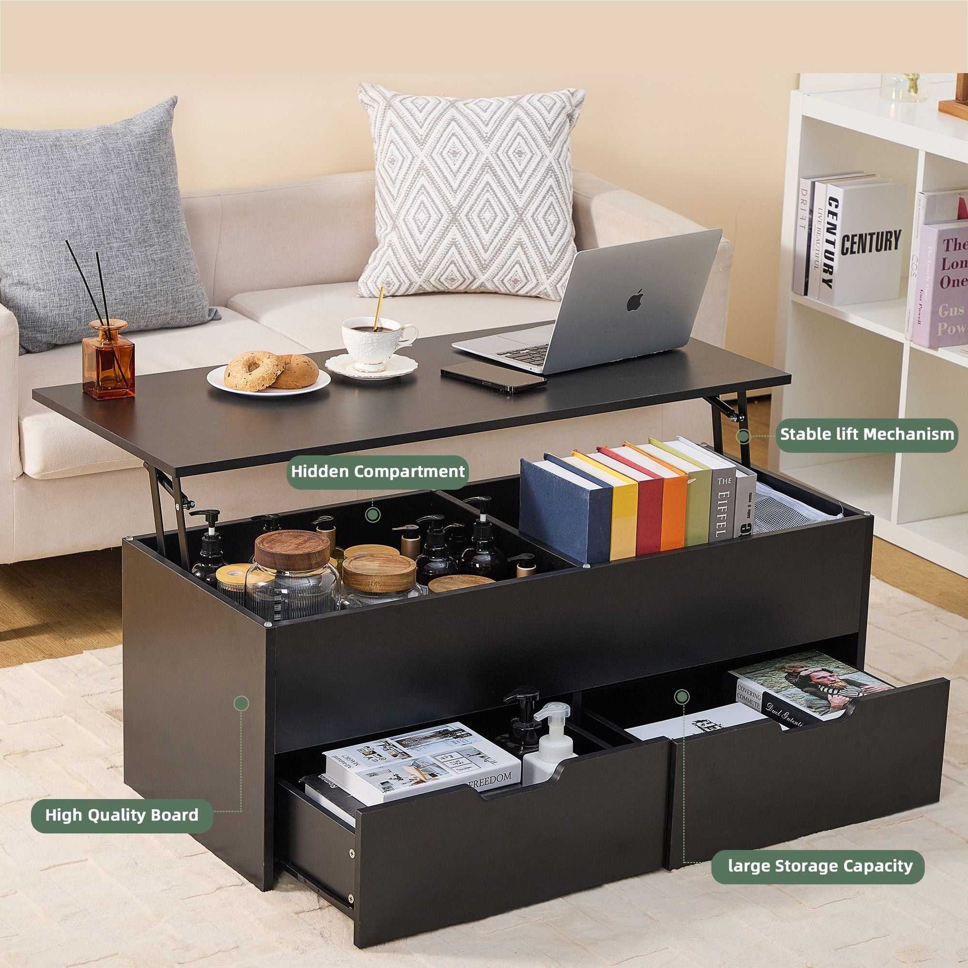 Lift-Top Coffee Table with Storage Center Tables Hidden Compartment & 2 Drawers, Sofa Table For Living Room - luxuryhomedecoridea.com