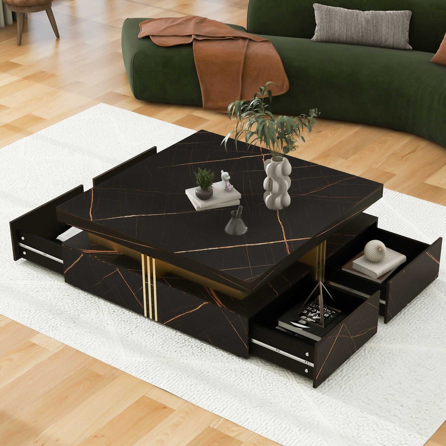 Modern Black Square Storage Coffee Table With 4 Drawers - luxuryhomedecoridea.com