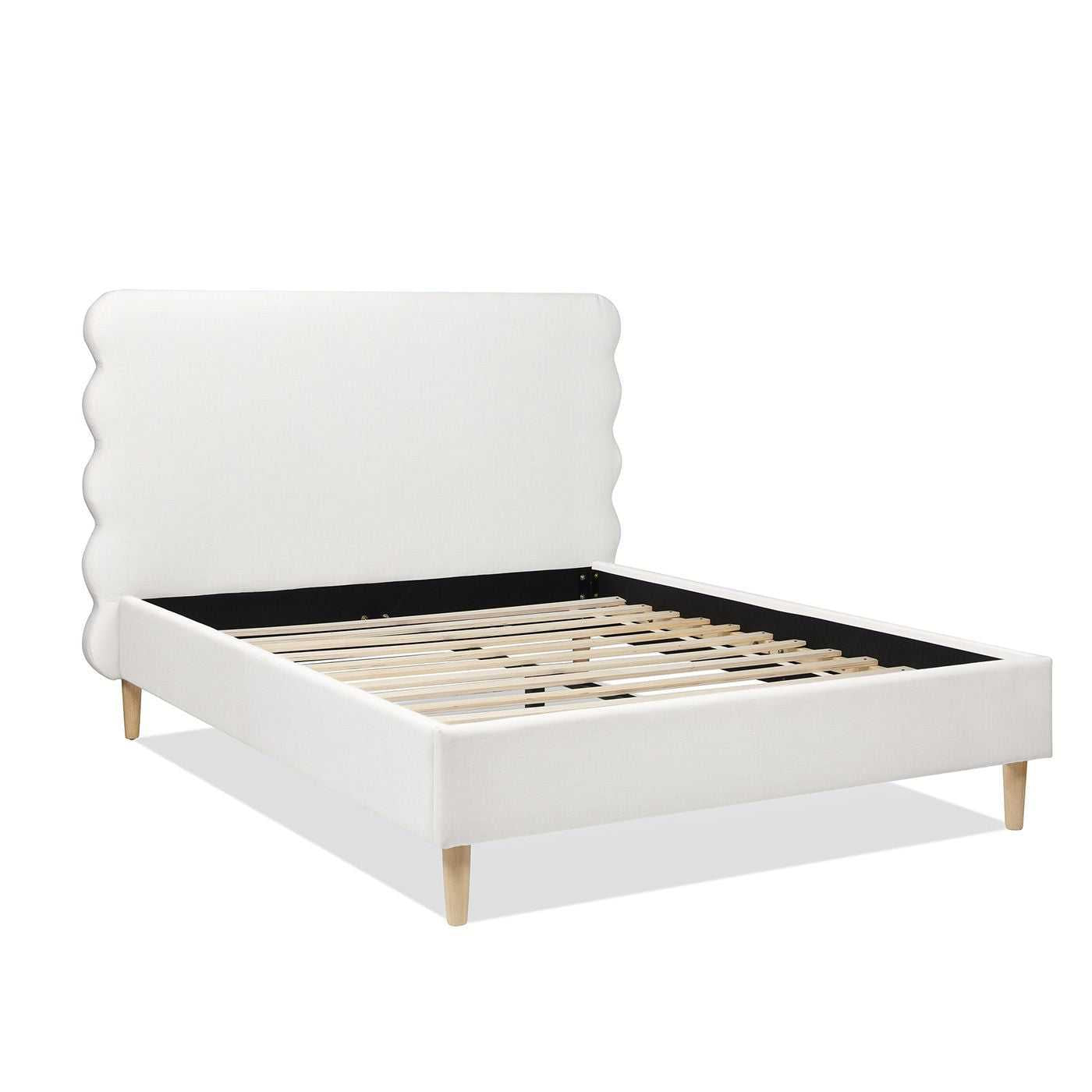 Scandinavian Chic Queen Bed with Wavy Headboard in Antique White Polyester - luxuryhomedecoridea.com