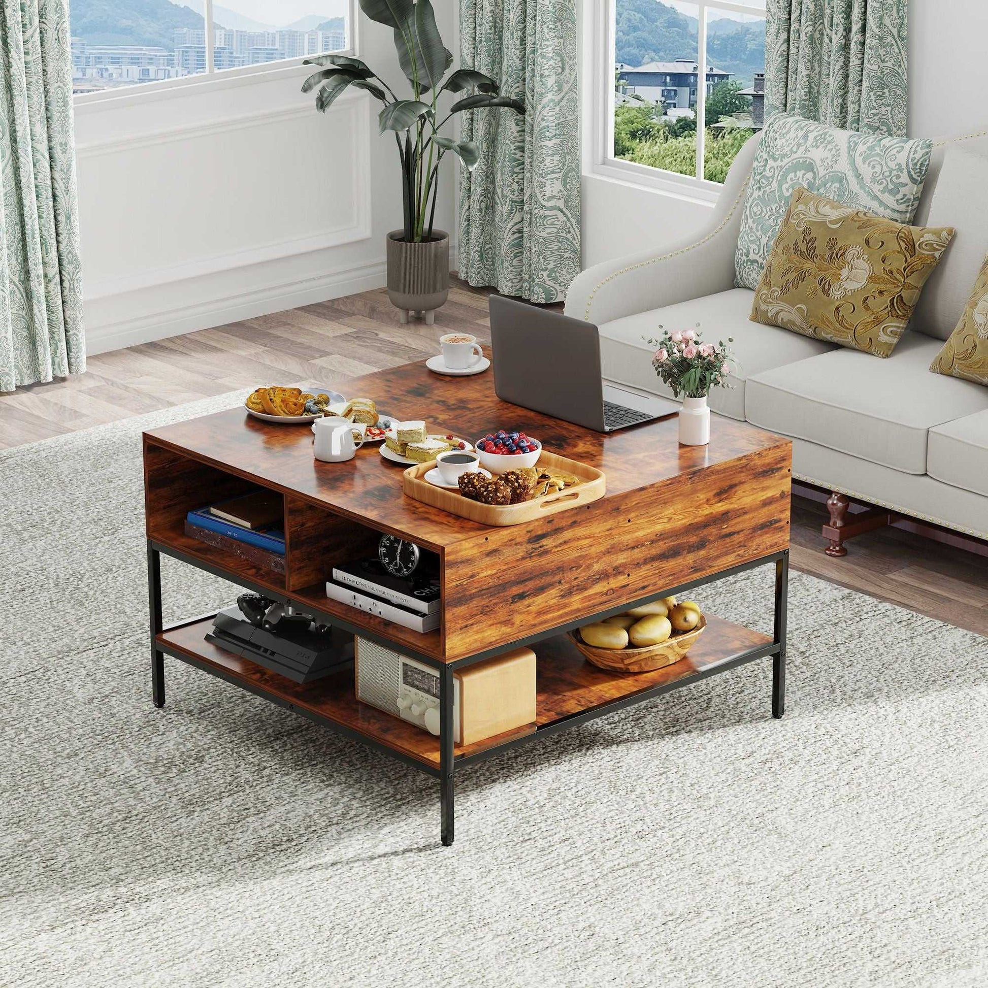 Flip-Top Coffee Table with Storage - Dark Walnut & Black Metal - 31.5" Lift-Top Design w/Hidden Compartment - Easy Assembly Living Room Table - luxuryhomedecoridea.com