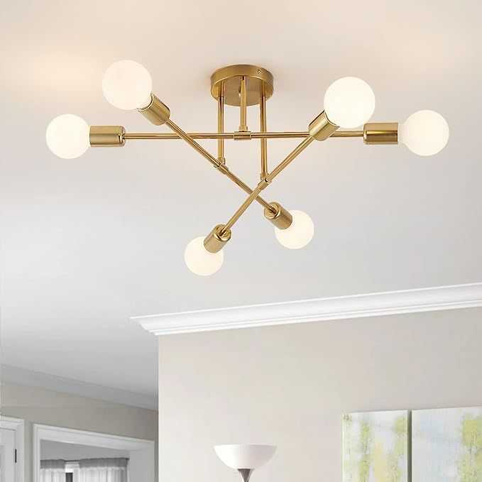 Semi Flush Mount Ceiling Light Fixture, 6 Lights Modern Sputnik Chandelier Ceiling Lamp with E26 Bulb Base, Light Fixtures Ceiling Mount for Bedroom Kitchen Living Room Hallway (Gold) - luxuryhomedecoridea.com