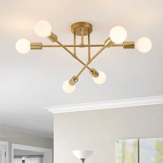 Semi Flush Mount Ceiling Light Fixture, 6 Lights Modern Sputnik Chandelier Ceiling Lamp with E26 Bulb Base, Light Fixtures Ceiling Mount for Bedroom Kitchen Living Room Hallway (Gold) - luxuryhomedecoridea.com