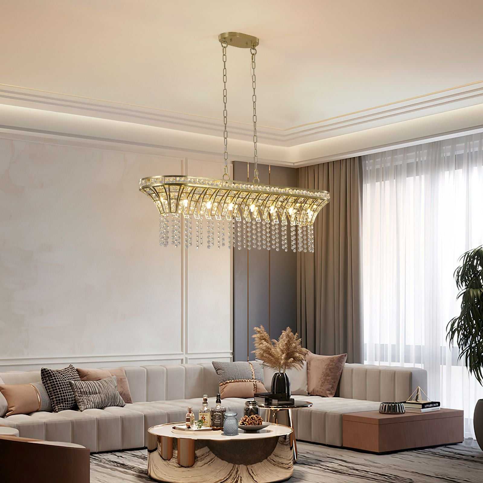 39" Modern Crystal Linear Rectangle Chandelier with Gold Finish, Elegant Pendant Light with Cascading Beads, for Dining Room, Living Room, or Foyer (Bulb Not Included) - luxuryhomedecoridea.com