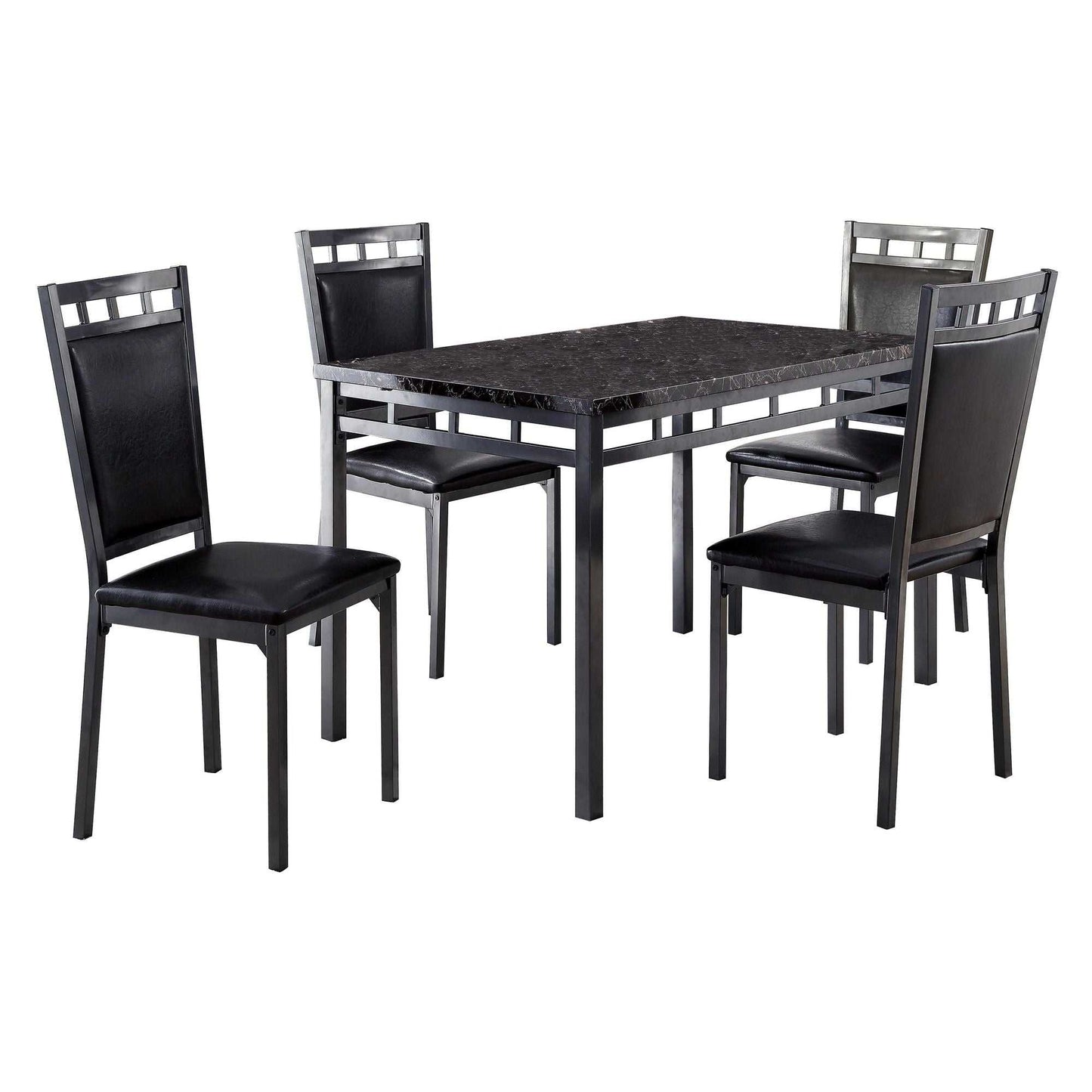 Black Finish 5pc Dinette Set Faux Marble Top Table and 4x Side Chairs Faux Leather Upholstered Metal Frame Casual Dining Room Furniture - luxuryhomedecoridea.com