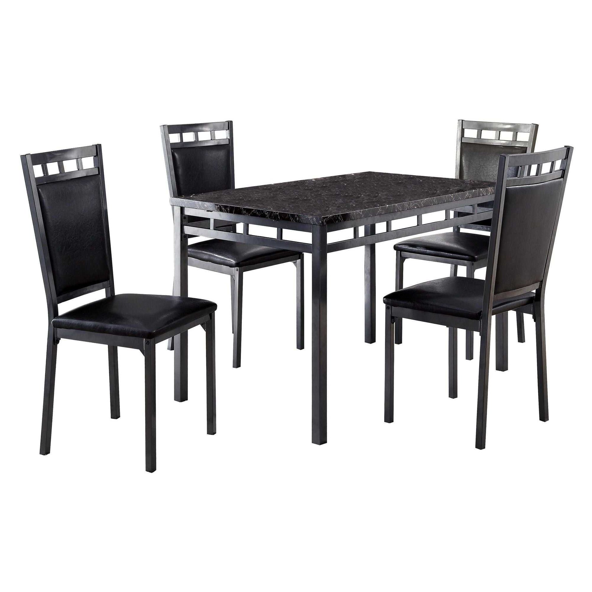 Black Finish 5pc Dinette Set Faux Marble Top Table and 4x Side Chairs Faux Leather Upholstered Metal Frame Casual Dining Room Furniture - luxuryhomedecoridea.com