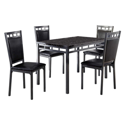 Black Finish 5pc Dinette Set Faux Marble Top Table and 4x Side Chairs Faux Leather Upholstered Metal Frame Casual Dining Room Furniture - luxuryhomedecoridea.com