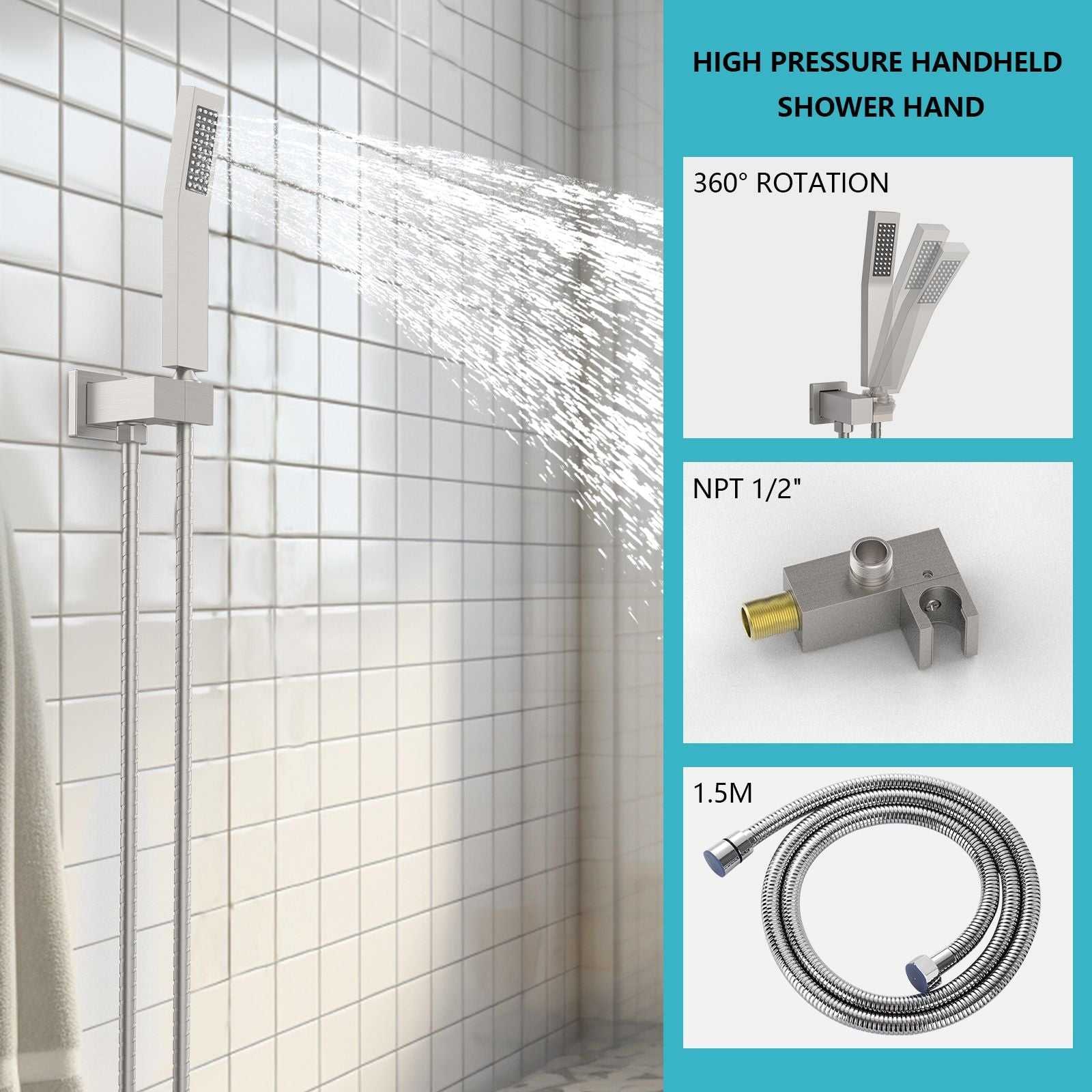 Rainfall Shower System With Storage Rack 10 inch Shower Faucet Set Brushed Nickel with High Pressure with Square Shower Head Luxury Shower Set Wall Mount - luxuryhomedecoridea.com