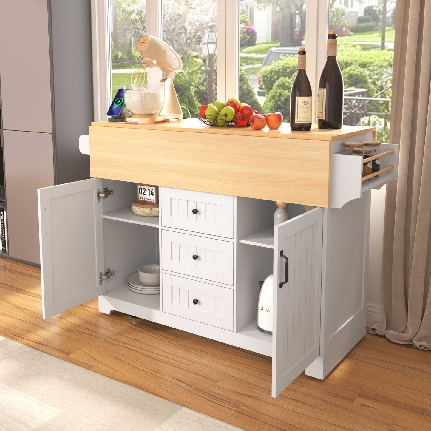 55.7" Large Kitchen Island with 2 Drop Leaf,Rolling Kitchen Cart on 5 Wheels with Power Outlet, Folding Storage Dining Table with Spice & Towel Rack , 3 Drawers, for Kitchen, Dining Room - luxuryhomedecoridea.com