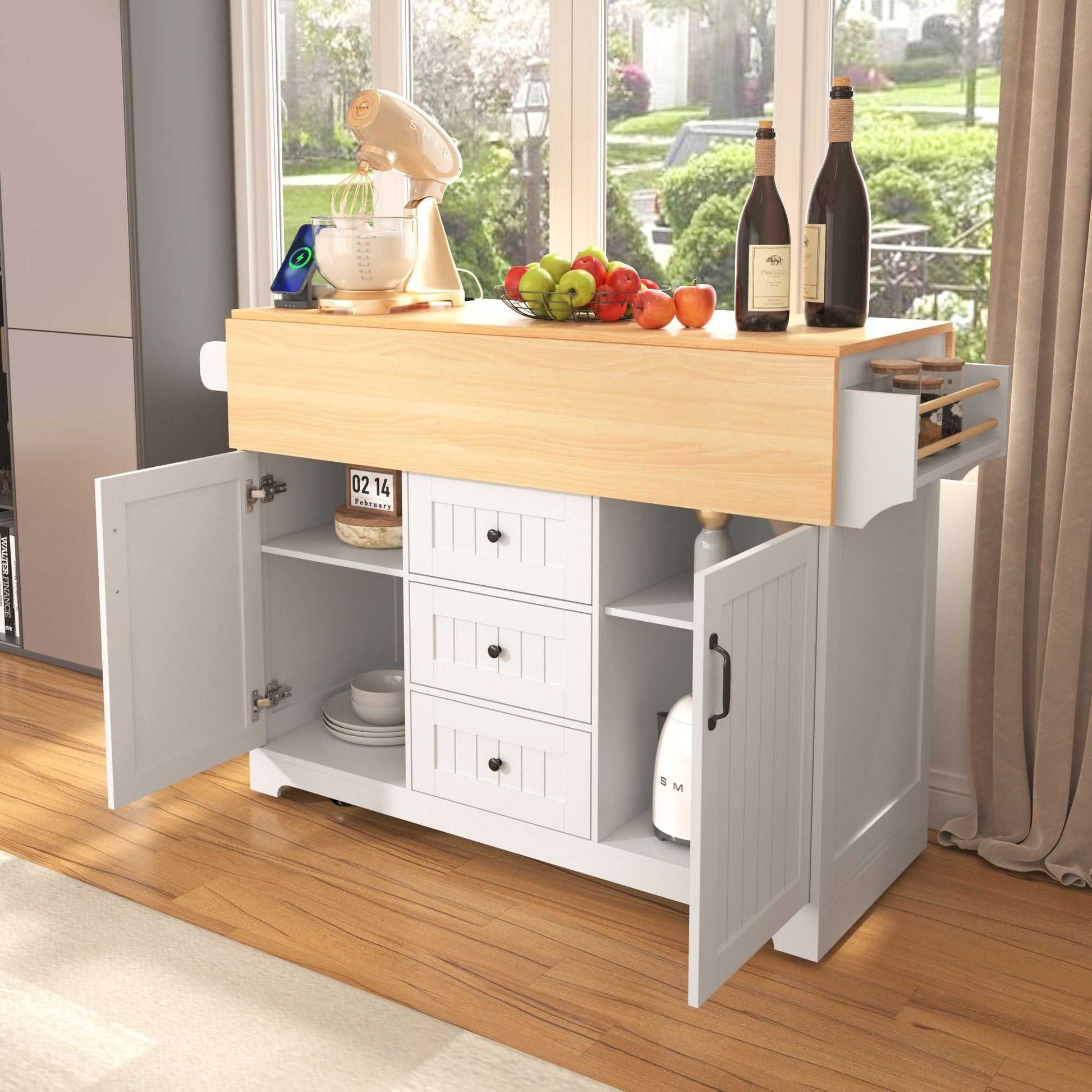 55.7" Large Kitchen Island with 2 Drop Leaf,Rolling Kitchen Cart on 5 Wheels with Power Outlet, Folding Storage Dining Table with Spice & Towel Rack , 3 Drawers, for Kitchen, Dining Room - luxuryhomedecoridea.com