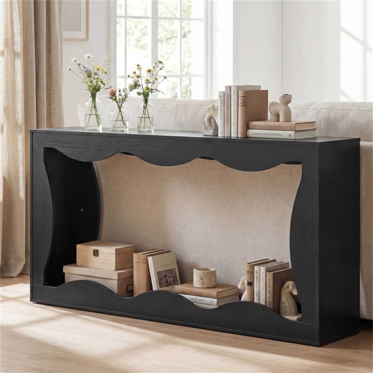63" Narrow Console Table with Wavy Hollow Design, 2-Tier Extra Long Entryway Table with Storage Shelf - Black - luxuryhomedecoridea.com