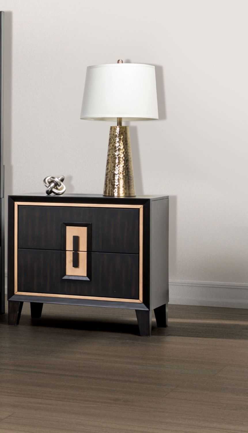 Modern Espresso Bedside Table Bedroom Furniture 1pc Nightstand Gold Accent Trim Wooden Finger Pull - luxuryhomedecoridea.com