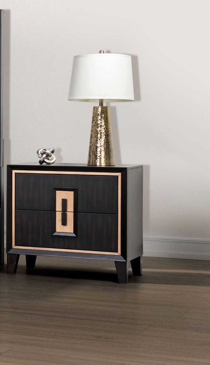 Modern Espresso Bedside Table Bedroom Furniture 1pc Nightstand Gold Accent Trim Wooden Finger Pull - luxuryhomedecoridea.com