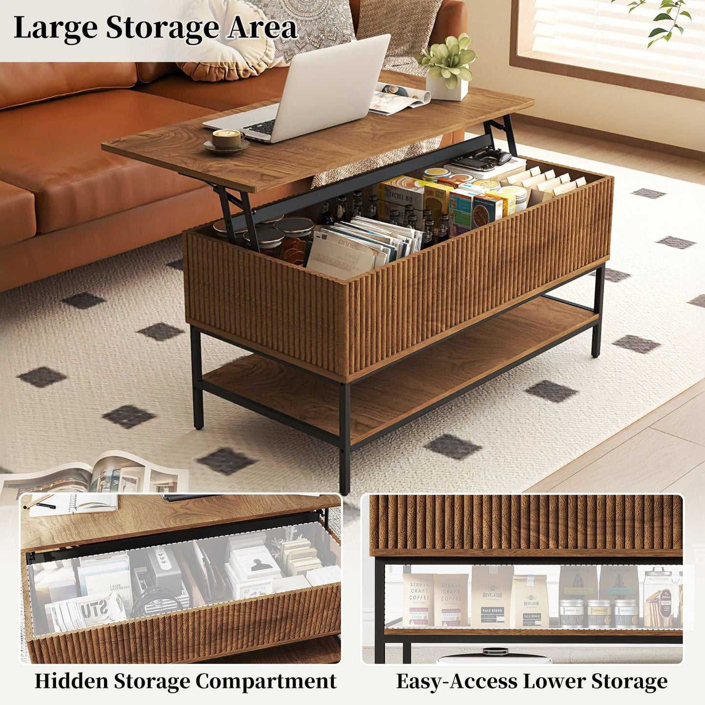 Lift Top Coffee Table 39.4 Inch Rectangle, Farmhouse Style with Hidden Storage & Lower Shelf, Sturdy Steel Legs, Easy Assembly for Living Room, Rustic Brown - luxuryhomedecoridea.com