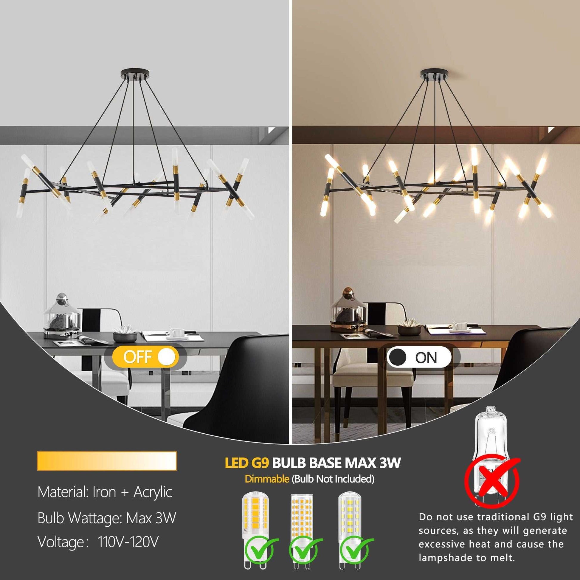 41" Black & Golden Modern Chandelier Light Fixture, Branch Design with Frosted Tubes, Black Cords, Adjustable Height Pendant Light for Dining Room, Living Room, or Kitchen Island (Bulb Not Included) - luxuryhomedecoridea.com