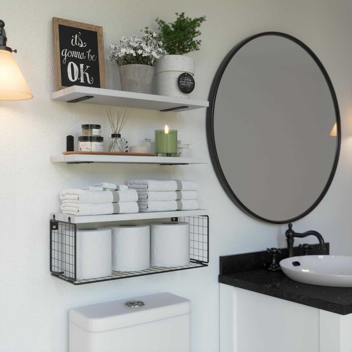 Bathroom Shelf Over Toilet, Floating Bathroom Shelf Wall Mounted with Wire Basket, Floating Shelf for Wall Décor - luxuryhomedecoridea.com