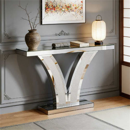 Mirror console table, modern entrance table, foyer table, storage desk, unique V-shaped design - luxuryhomedecoridea.com