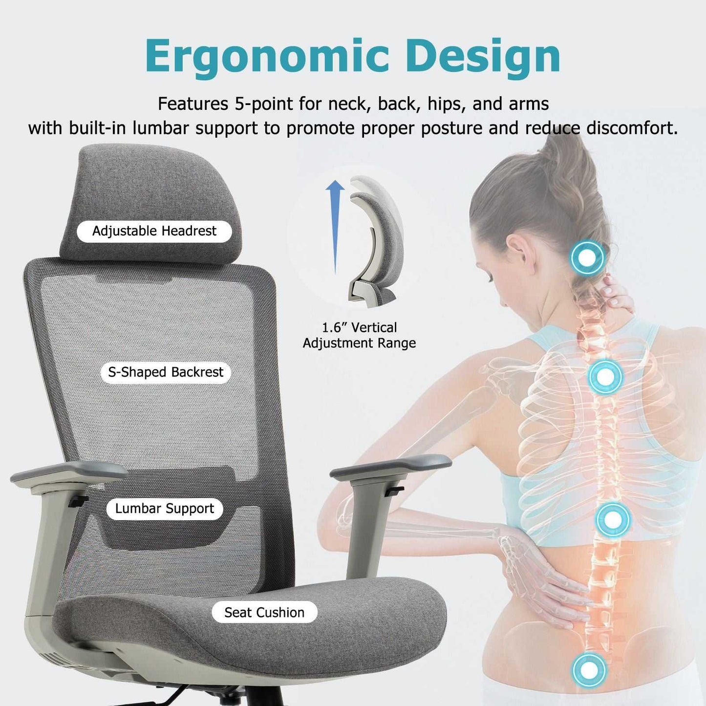 Ergonomic Mesh Office Chair with Adjustable Headrest and Lumbar Support, Breathable Back Design for Home and Office Use 8322H - luxuryhomedecoridea.com