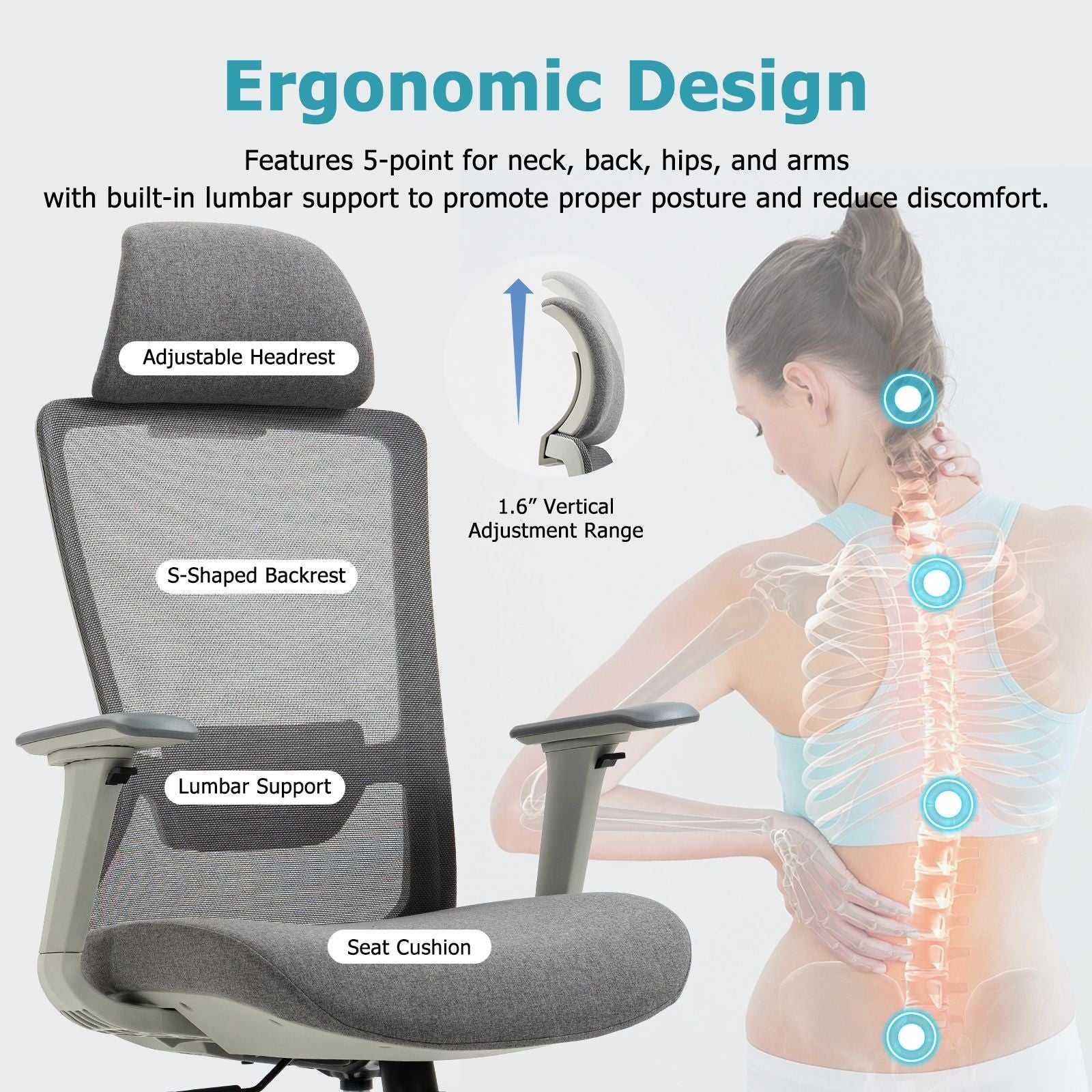 Ergonomic Mesh Office Chair with Adjustable Headrest and Lumbar Support, Breathable Back Design for Home and Office Use 8322H - luxuryhomedecoridea.com