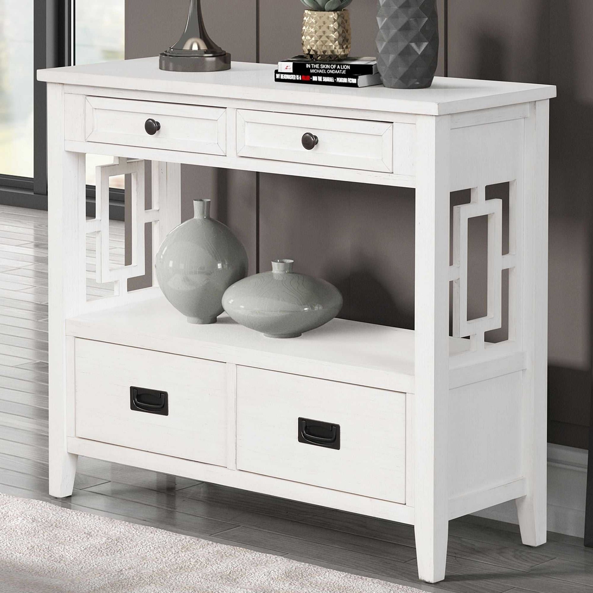 36'' Farmhouse Pine Wood Console Table Entry Sofa Table with 4 Drawers & 1 Storage Shelf for Entryway Living Room Bedroom Hallway Kitchen (Antique White) - luxuryhomedecoridea.com