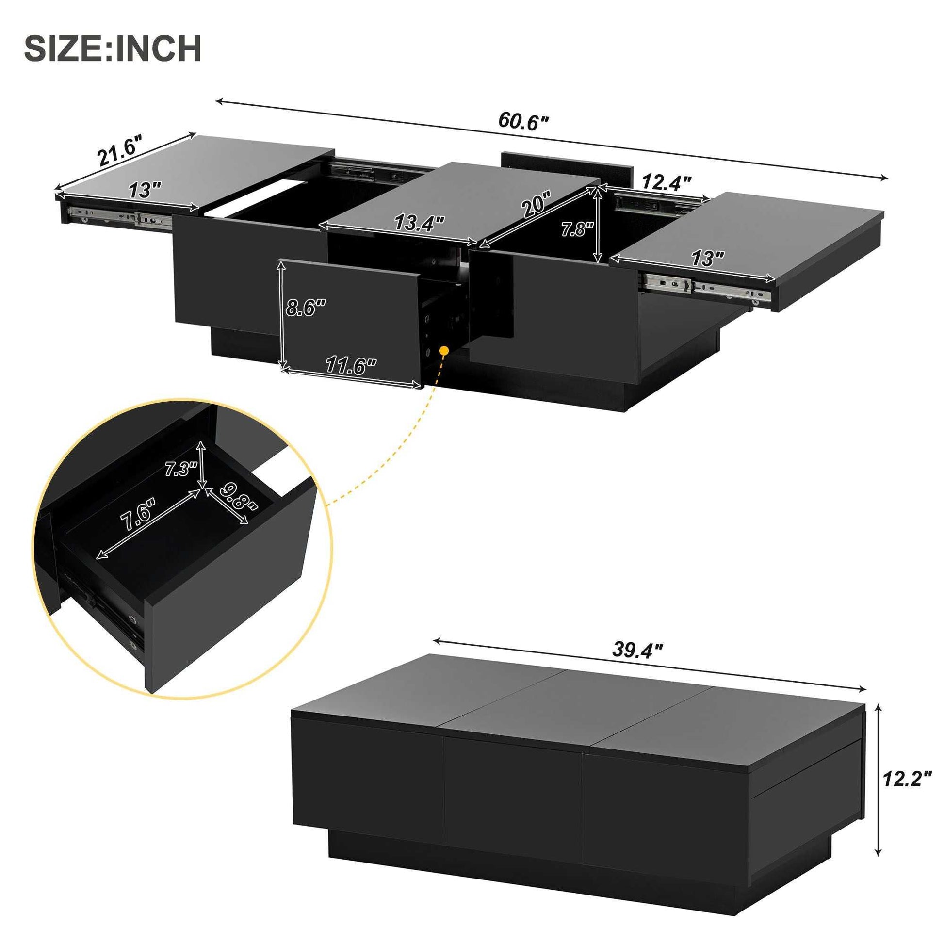 Coffee Table with 2 large Hidden Storage Compartment, Extendable Cocktail Table with 2 Drawers, High-gloss Center Table with Sliding Top for Living Room, 39.3"x21.6", Black - luxuryhomedecoridea.com