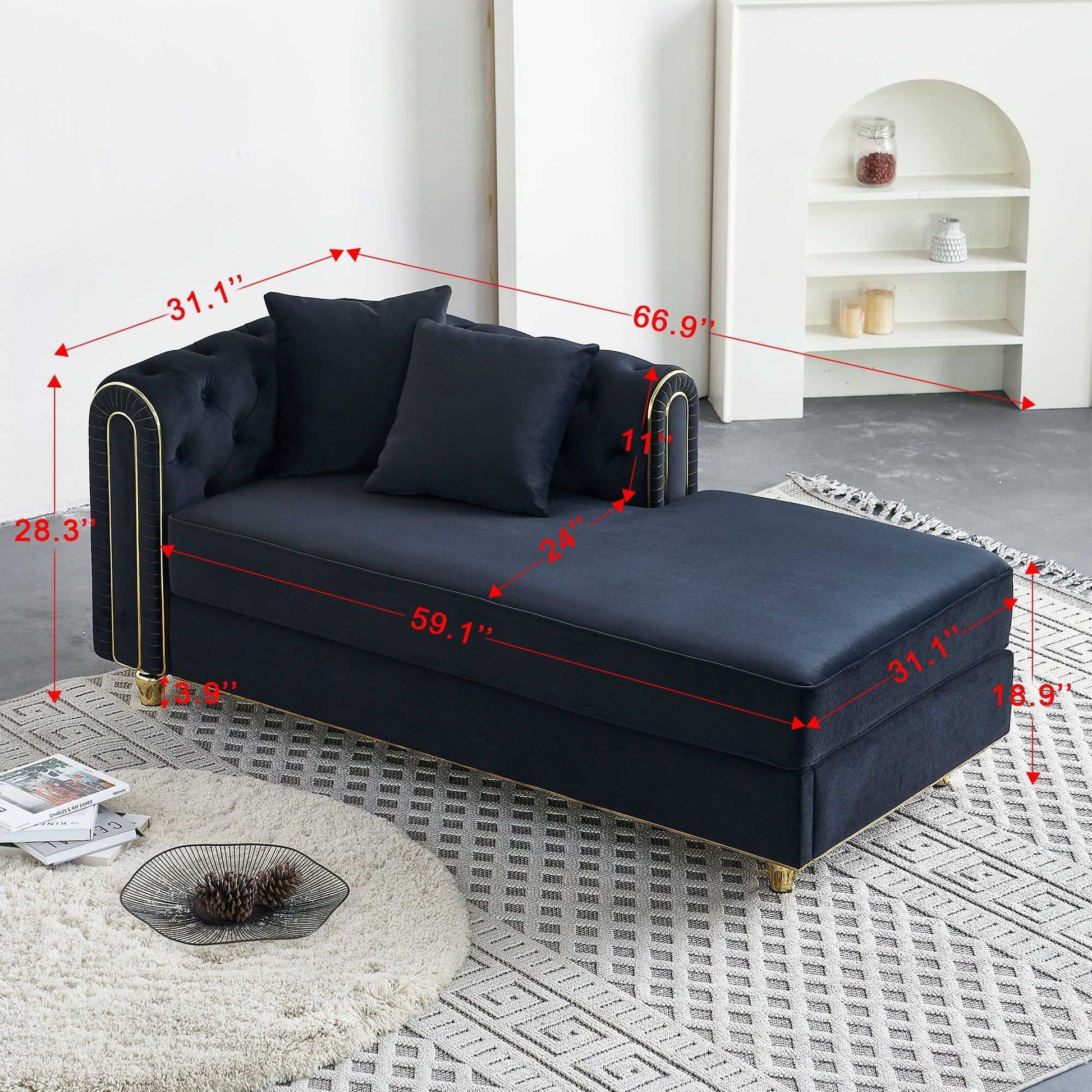 66.9''W Velvet Chaise Lounge,Luxury Modern Chaise Furniture,Tufted Back with 2pcs toss pillows for Living Room,Bedroom,Apartment,Black Color - luxuryhomedecoridea.com