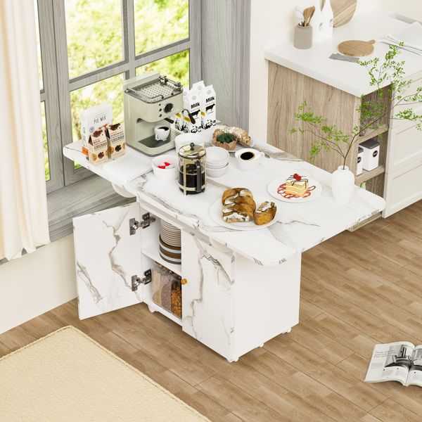 47" Wood Folding Dining Table with storage rack and cabinet, Removable Entryway Table with 6 Wheels, White Marble Color Kitchen Island, Side Table and Coffee Table Versatile Table Space Saving - luxuryhomedecoridea.com