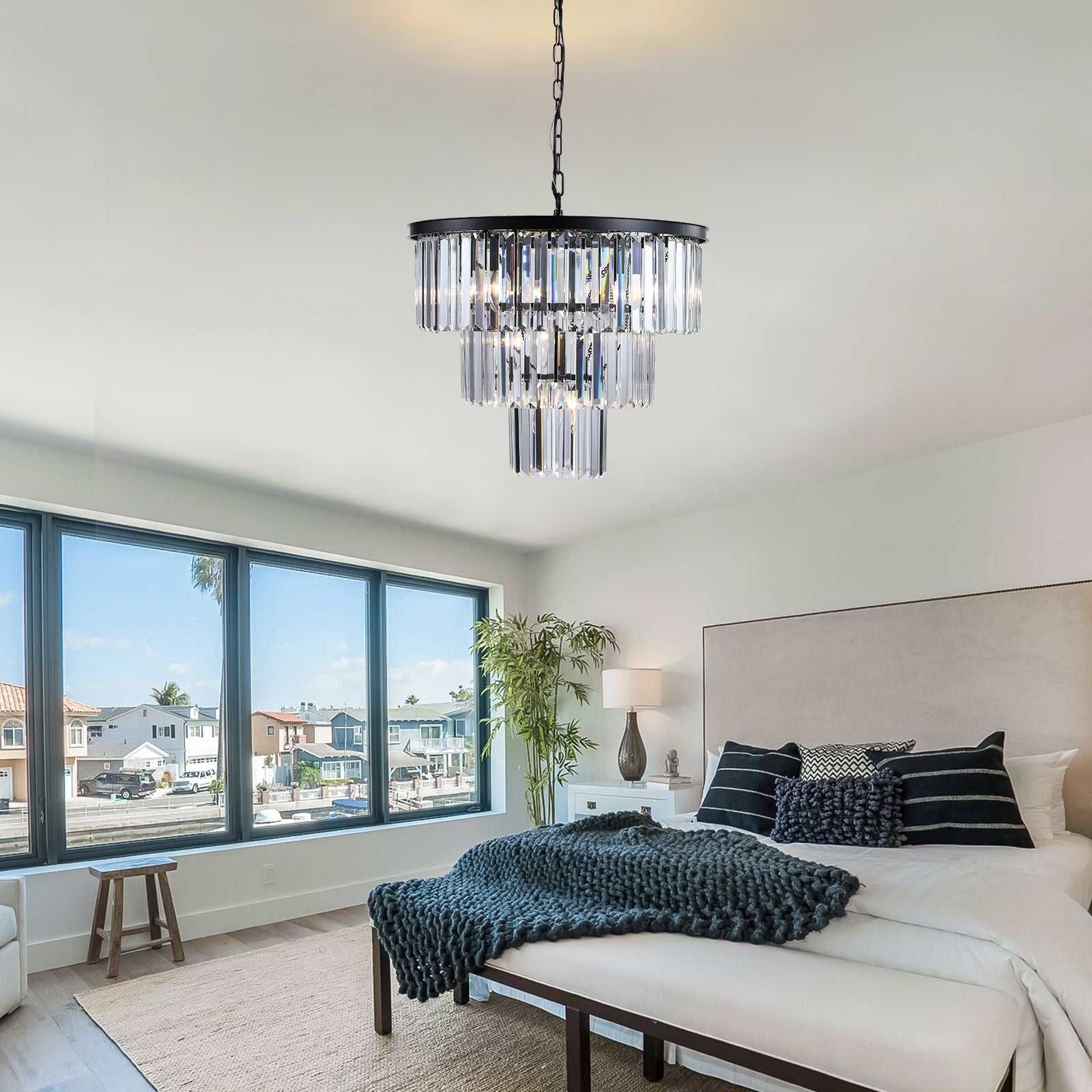 (NEW SKU:W1340P189315) 20" Modern Crystal Chandelier with Black Finish – Elegant 7-Light Pendant Light with 3 Tier Crystal Strands for Dining Room, Living Room, or Bedroom (Bulb Not Included) - luxuryhomedecoridea.com