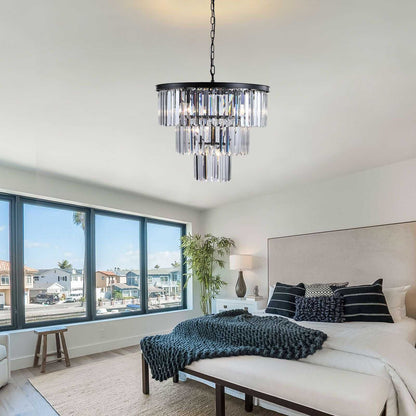 (NEW SKU:W1340P189315) 20" Modern Crystal Chandelier with Black Finish – Elegant 7-Light Pendant Light with 3 Tier Crystal Strands for Dining Room, Living Room, or Bedroom (Bulb Not Included) - luxuryhomedecoridea.com