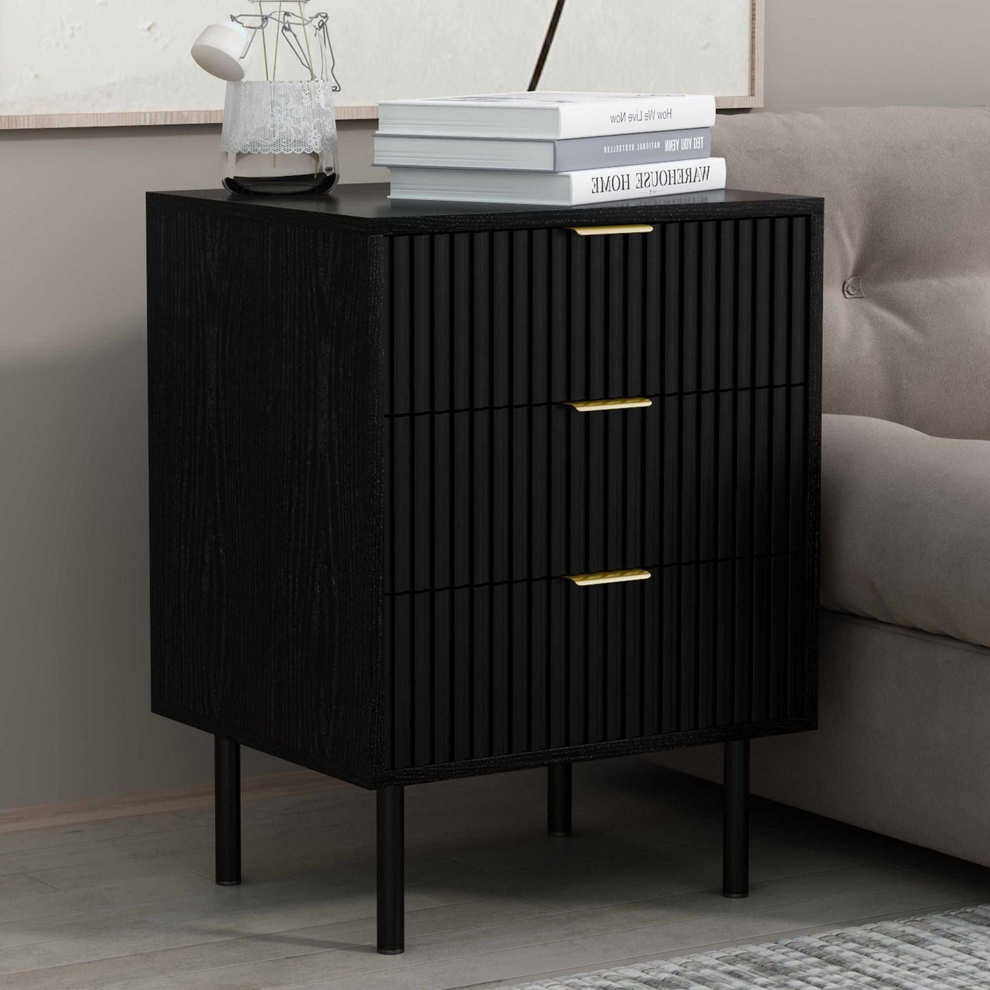 conifferism Fluted Black Nightstand 3 Drawers, Bedroom 26' Tall Bedside Night Stand, Modern Bed Side End Table Living Room, 19' Small Space Mid Century Storage Cabinet - luxuryhomedecoridea.com