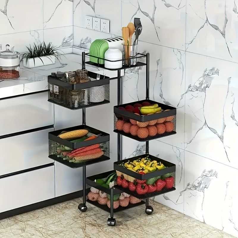 Rotating Kitchen Storage Shelf 5 Tier, Metal Fruit Vegetable Storage Basket Multi-Layer Vegetable Rack Storage Trolley on Wheels, Floor-Standing Basket for Kitchen Bathroom, Square - luxuryhomedecoridea.com