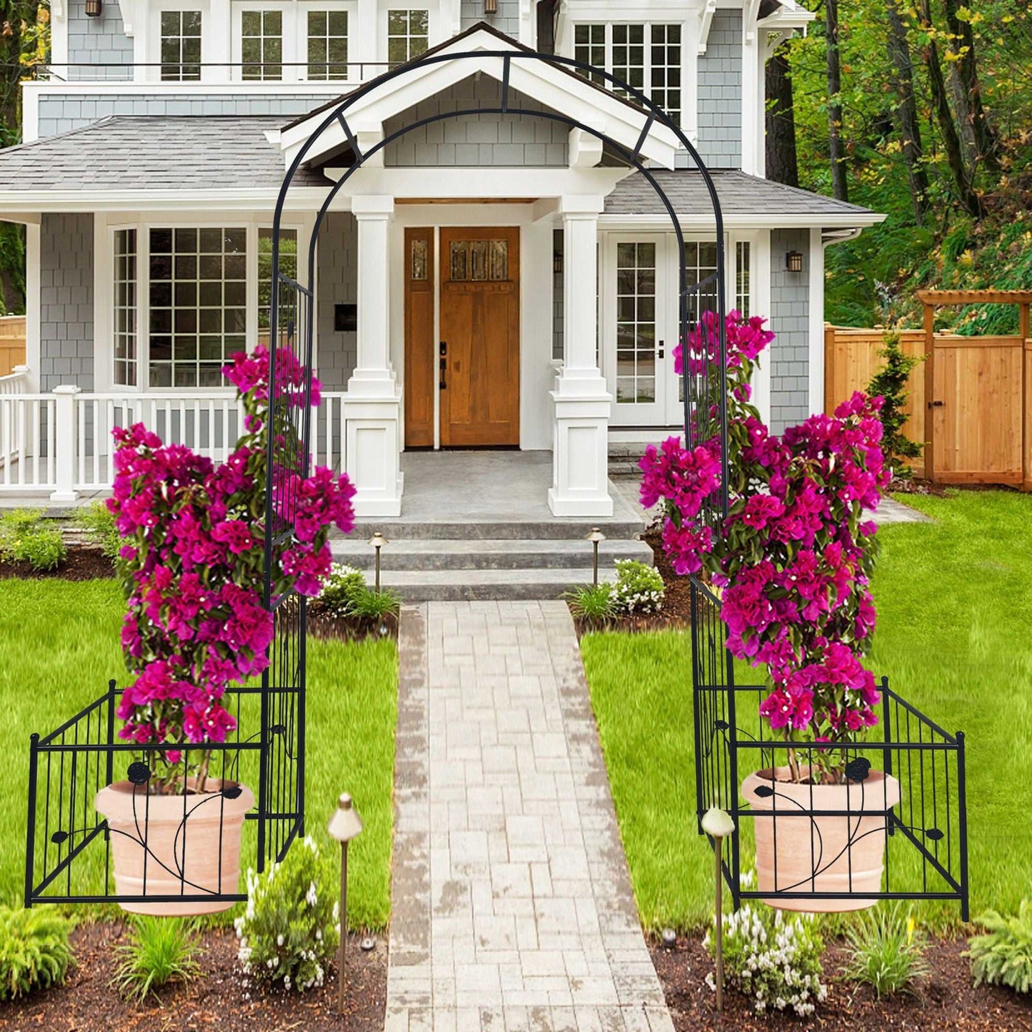 Elegant Metal Garden Arch with Dual Plant Stands - 79.5'' Wide x 86.6'' High Climbing Support for Roses & Vines - Outdoor Black Trellis Decoration - luxuryhomedecoridea.com