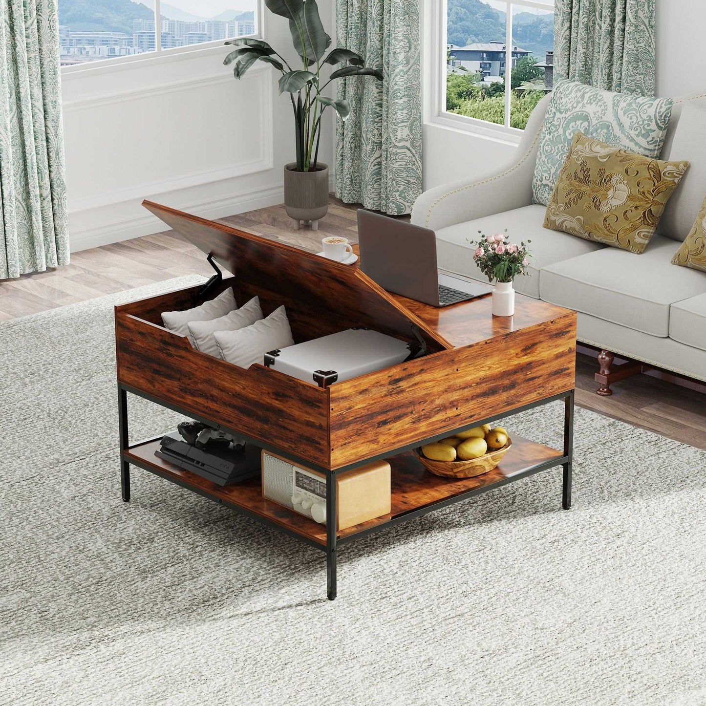 Flip-Top Coffee Table with Storage - Dark Walnut & Black Metal - 31.5" Lift-Top Design w/Hidden Compartment - Easy Assembly Living Room Table - luxuryhomedecoridea.com