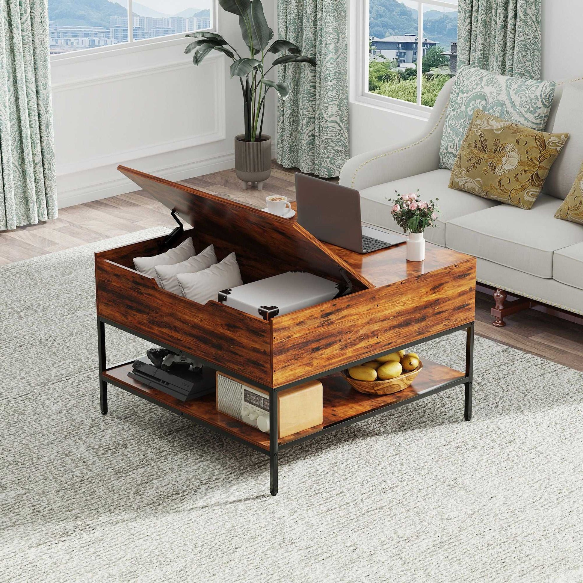 Flip-Top Coffee Table with Storage - Dark Walnut & Black Metal - 31.5" Lift-Top Design w/Hidden Compartment - Easy Assembly Living Room Table - luxuryhomedecoridea.com